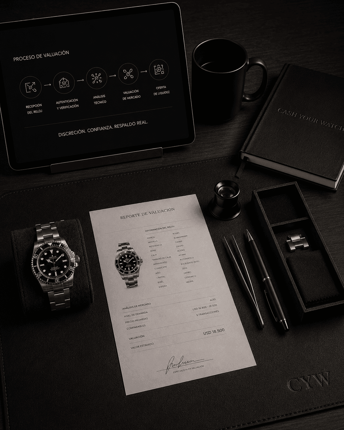 Reloj, pluma y documentos